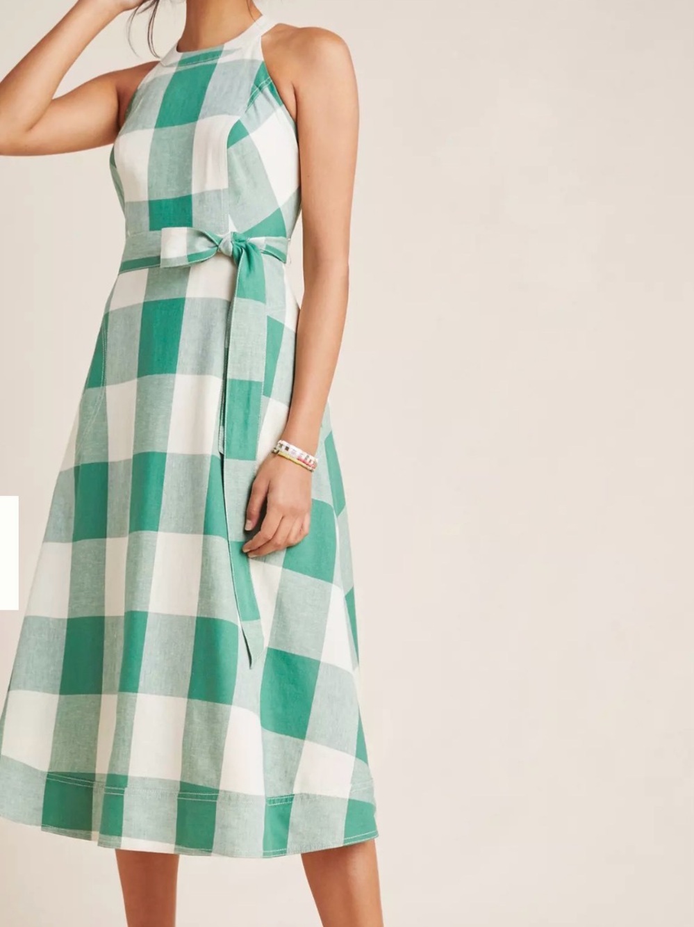 Anthropologie Maeve Women’s Green & Cream Gingham Greta Halter Midi DRESS 6